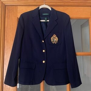 Ralph Lauren, Classic Navy Blue Wool Blazer with Embroidered Crest, Sz 12